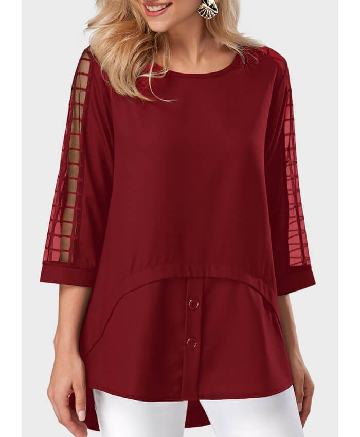 Asymmetric Hem Round Neck Mesh Panel Burgundy Blouse